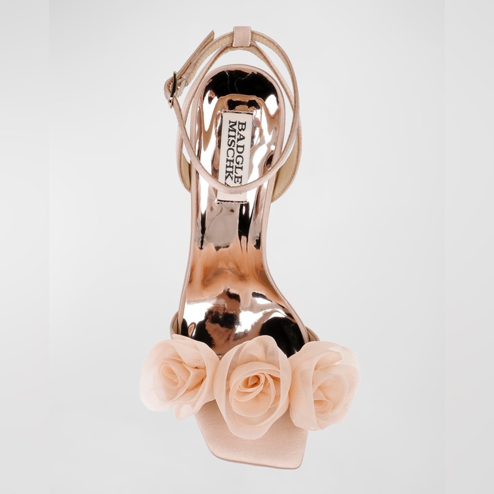 BADGLEY MISCHKA Carli Satin Tulle Rose Ankle-Strap Sandals in Blush Nude Sz 10 - Picture 2 of 15